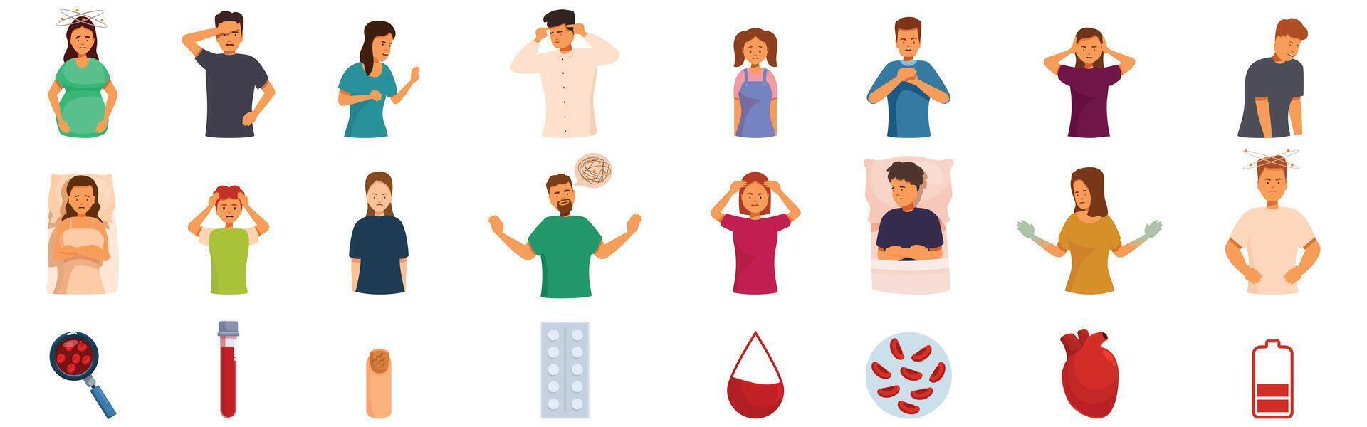Anemia symptoms icons set. People suffering symptoms of different diseases, including dizziness, nausea, headache and weakness vector