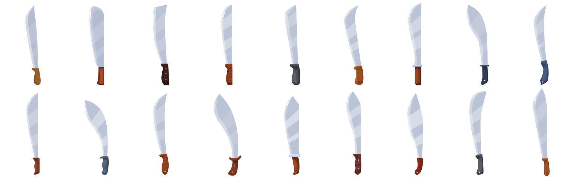 Machete knife icons set. Set of machete knives with wooden and plastic handles displaying various blade styles vector