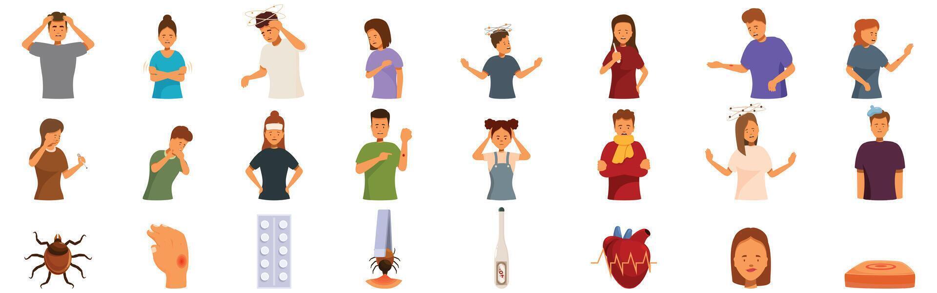 Lyme symptoms icons set. People suffering from encephalitis symptoms, tick bites, and medical treatment icons vector