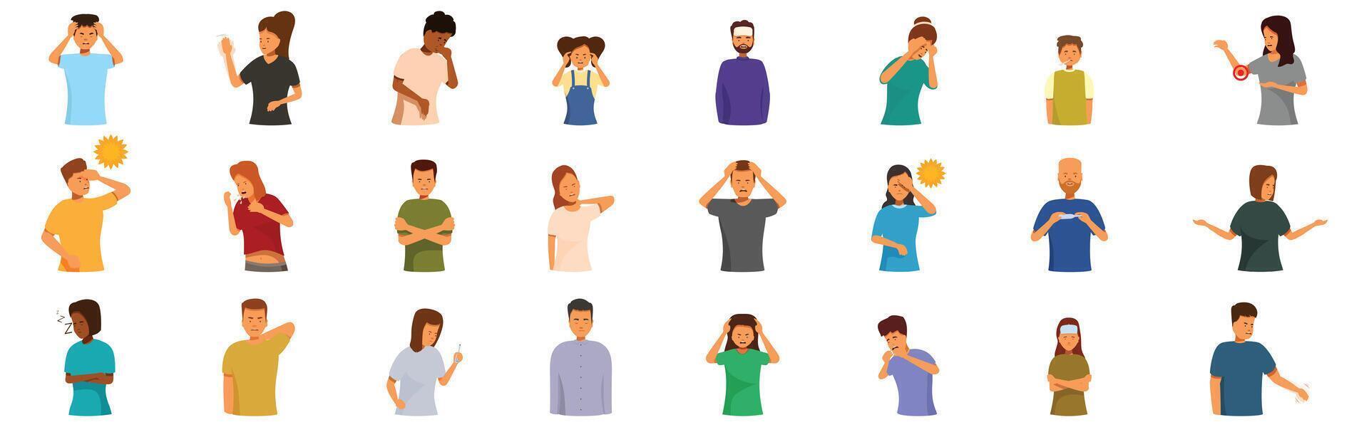 Meningitis symptoms icons set. People feeling different kinds of pain and sickness symptoms vector