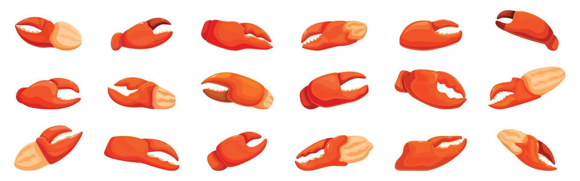 Boiled crab claw icons set. Lobster claws showing different angles and positions vector