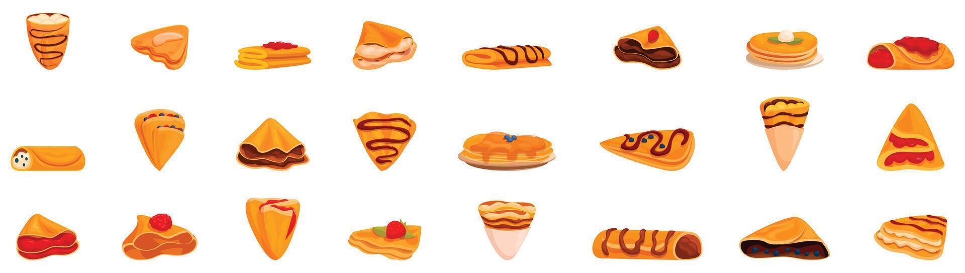 Sweet crepe icons set. Delicious crepes and pancakes with various toppings and fillings being prepared vector
