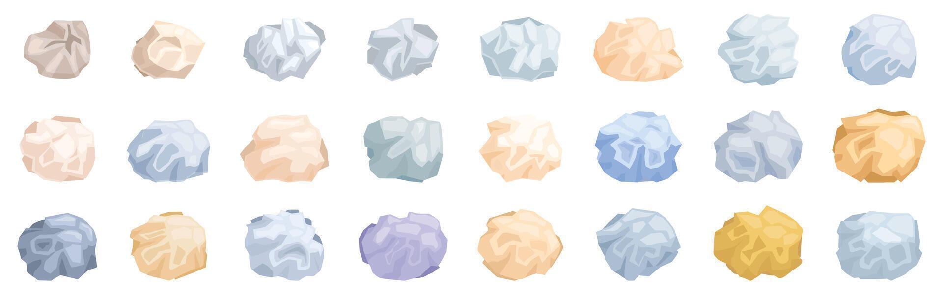 Crumpled paper ball icons set. Crumpled paper balls showing discarded ideas and mistakes vector