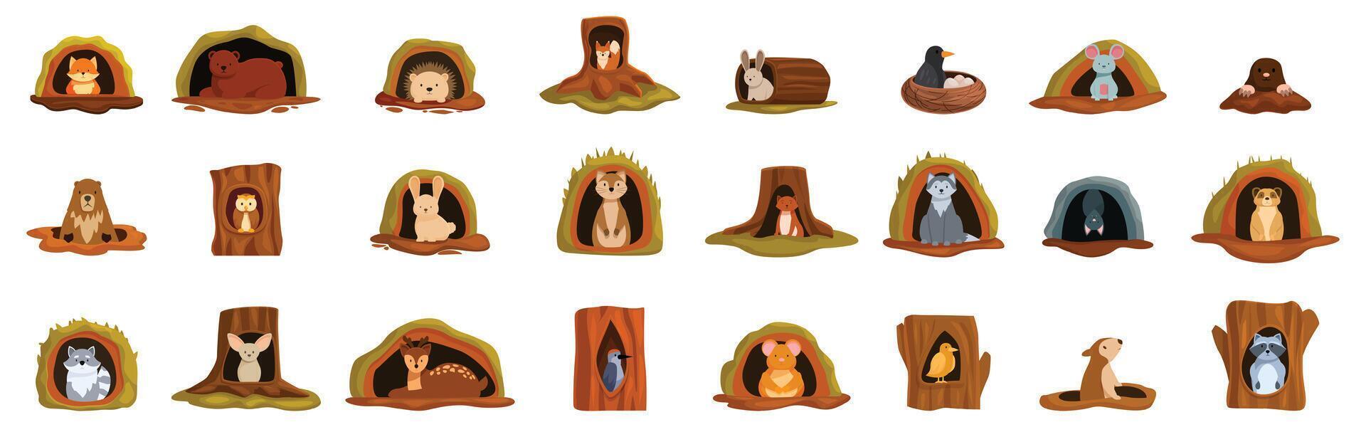 Animal holes icons set. Wild animals hiding and resting in their natural habitats vector
