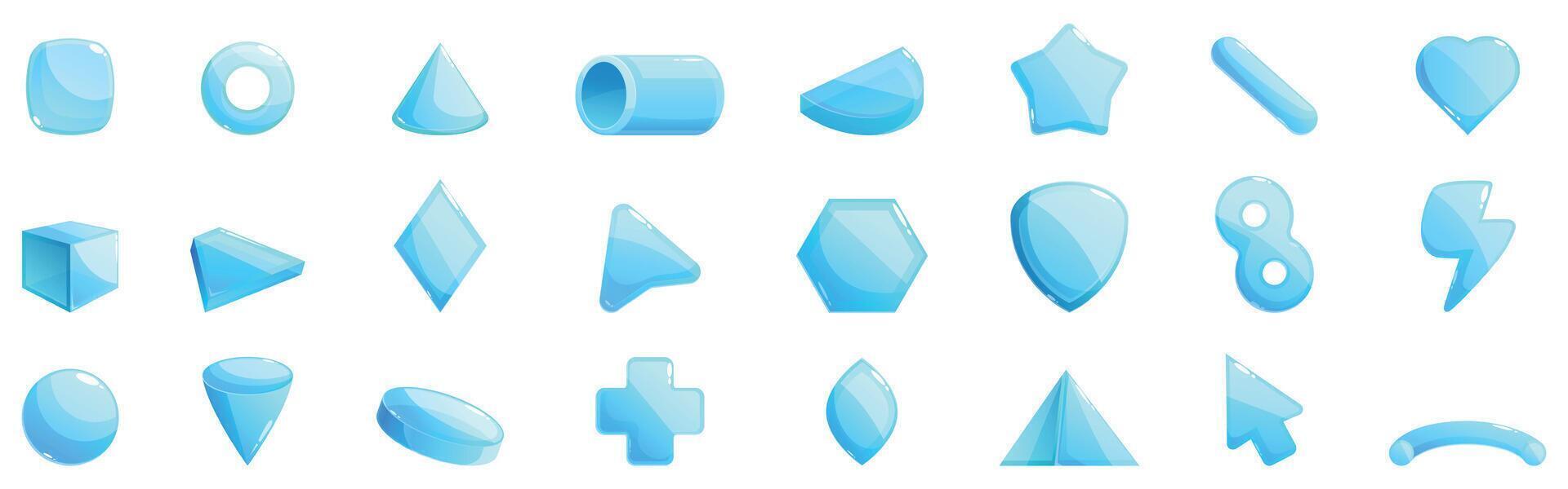 Glass figure icons set. Set of basic geometric shapes in light blue tones, perfect for educational or design projects vector