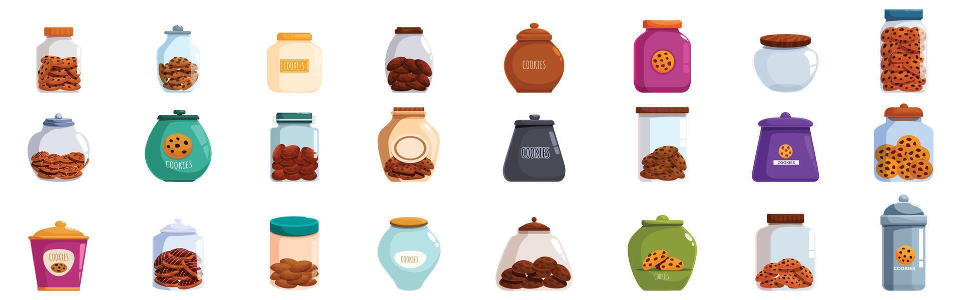 Cookie jar icons set. Glass cookie jars and ceramic containers holding various cookies vector