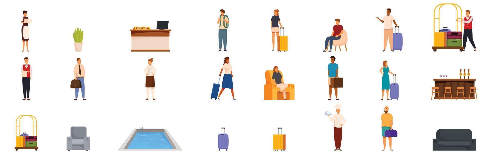 Hotel visitor icons set. Hotel staff assisting guests and providing excellent service vector
