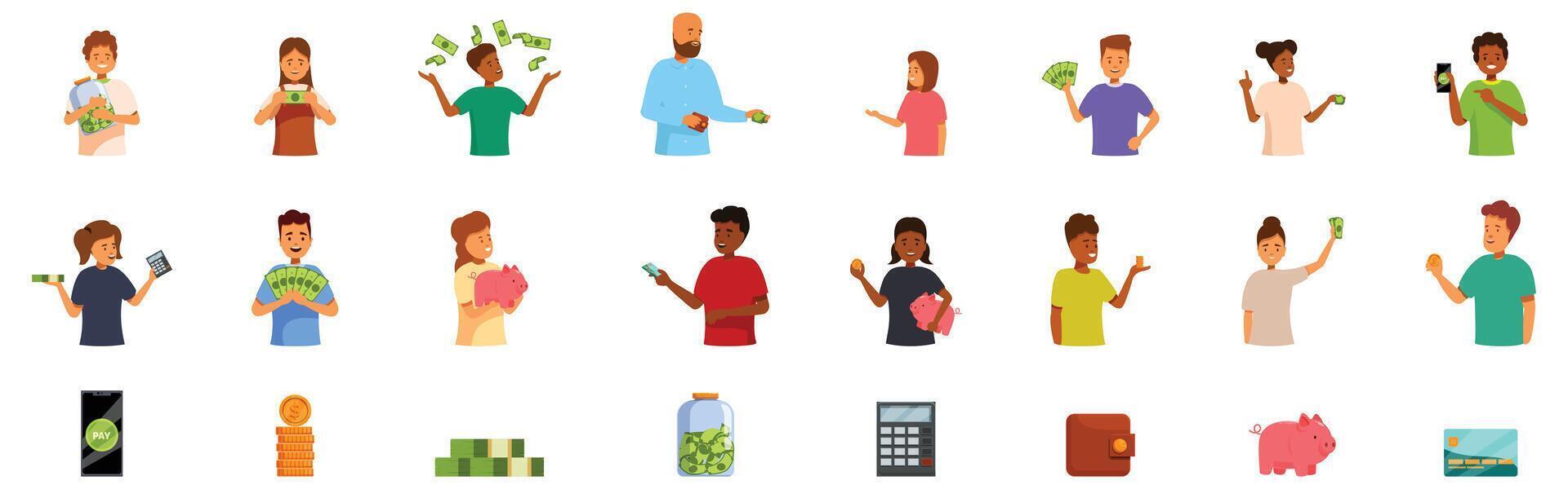 Kids money icons set. People managing money, saving cash, paying online, making donations, and investing icons set vector