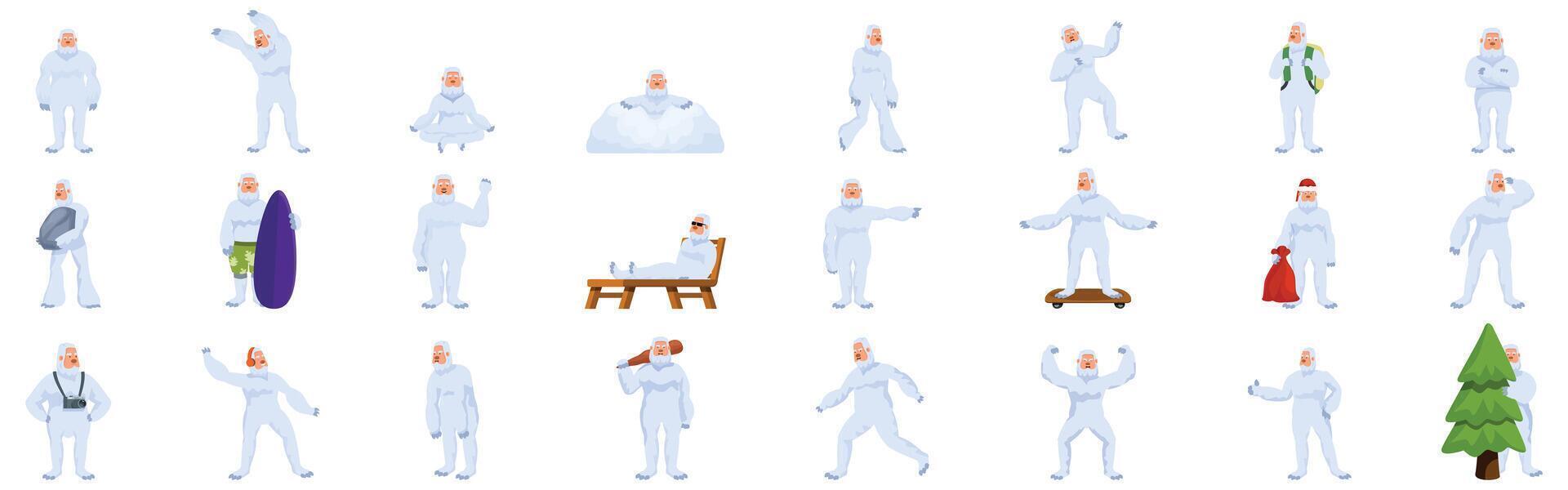 Bigfoot character icons set. Yeti engaging in various activities, relaxing, playing sports, and enjoying life vector