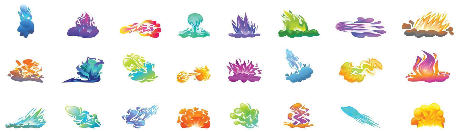 Neon fire smoke icons set. Colorful cartoon explosions and fire flames sprites for games and animation vector