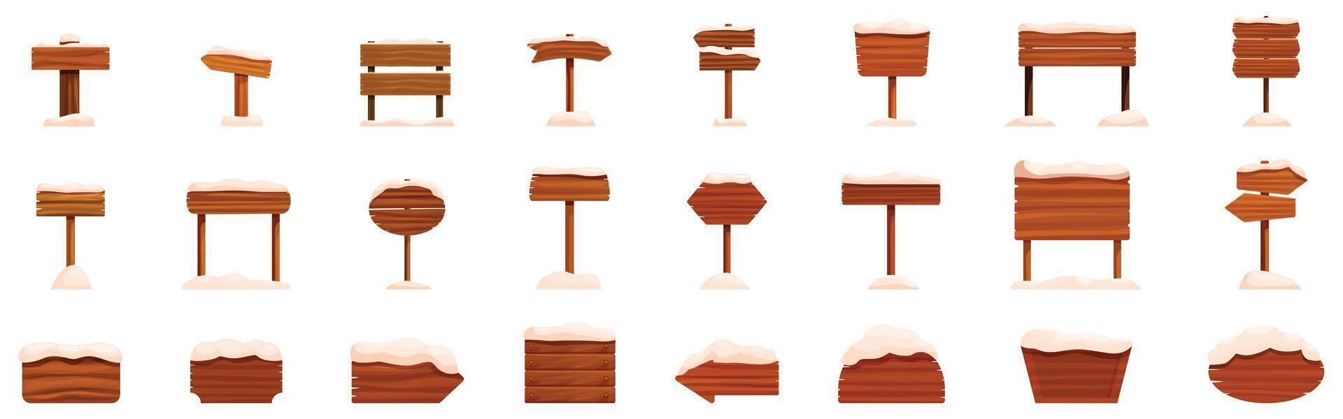 Wood signboard snow icons set. Wooden signposts covered with snow showing different directions in winter landscape vector