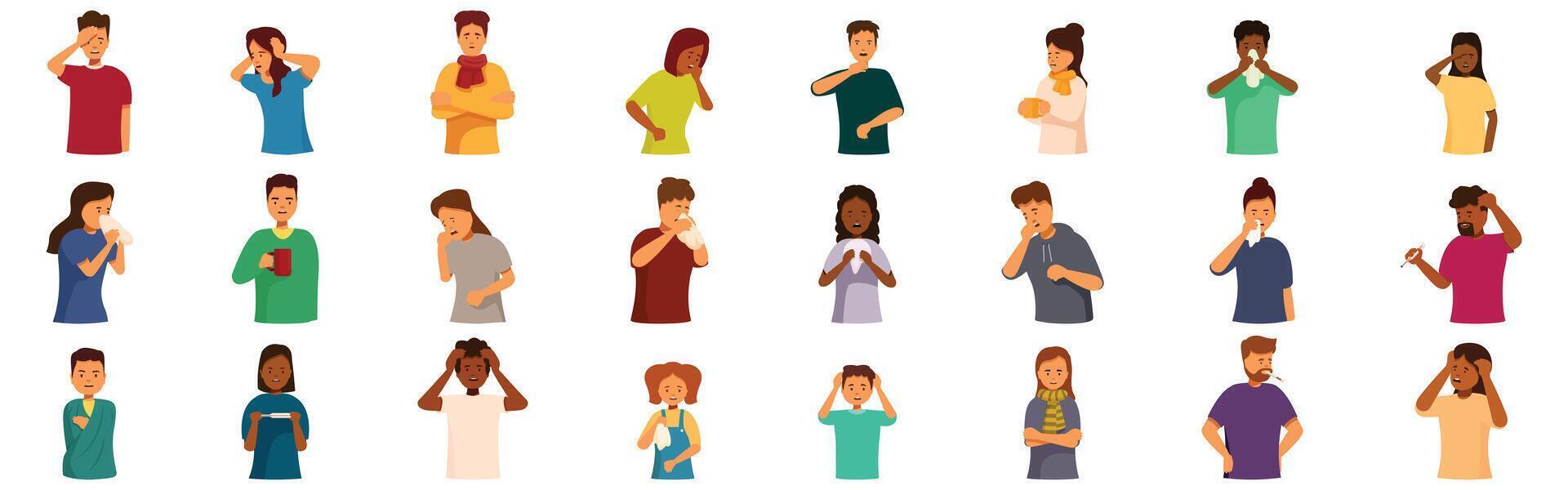 People flu symptoms icons set. Sick people suffering from cold, flu, virus, or infection symptoms vector
