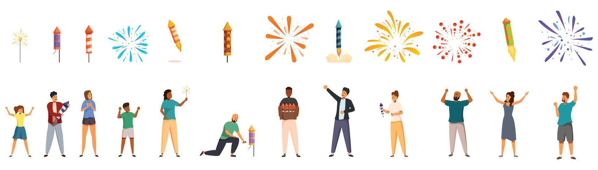 People launching fireworks icons set. People celebrating with fireworks and sparklers, festive gathering for holiday celebration vector