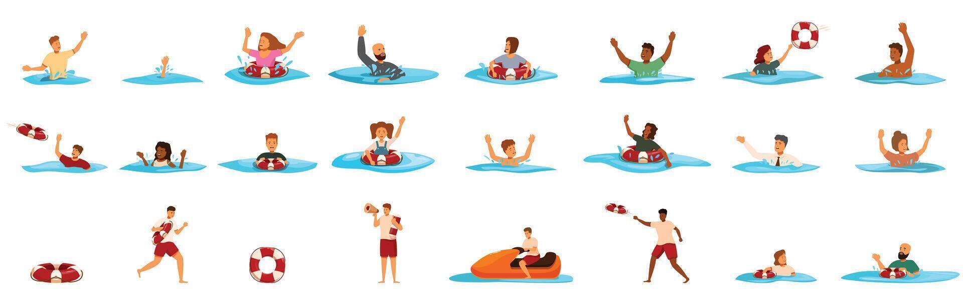Drowning people icons set. Lifeguards saving drowning people with lifebuoys and inflatable boat vector