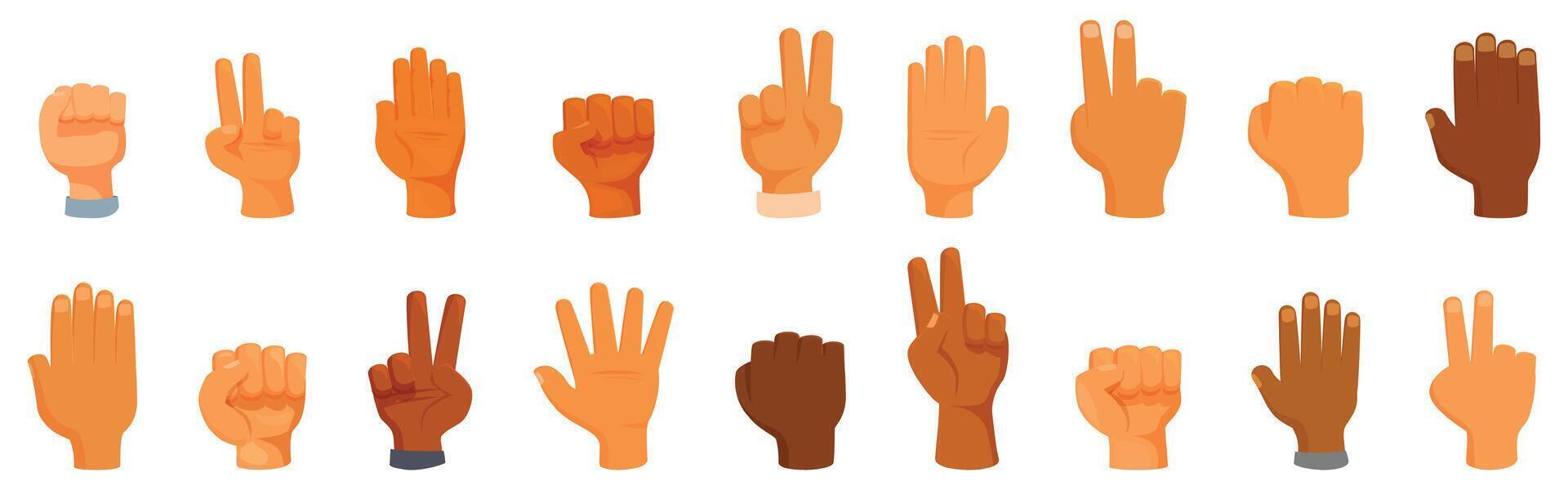 Rock paper scissors icons set. Diverse hands gesturing showing numbers, fist and victory sign vector