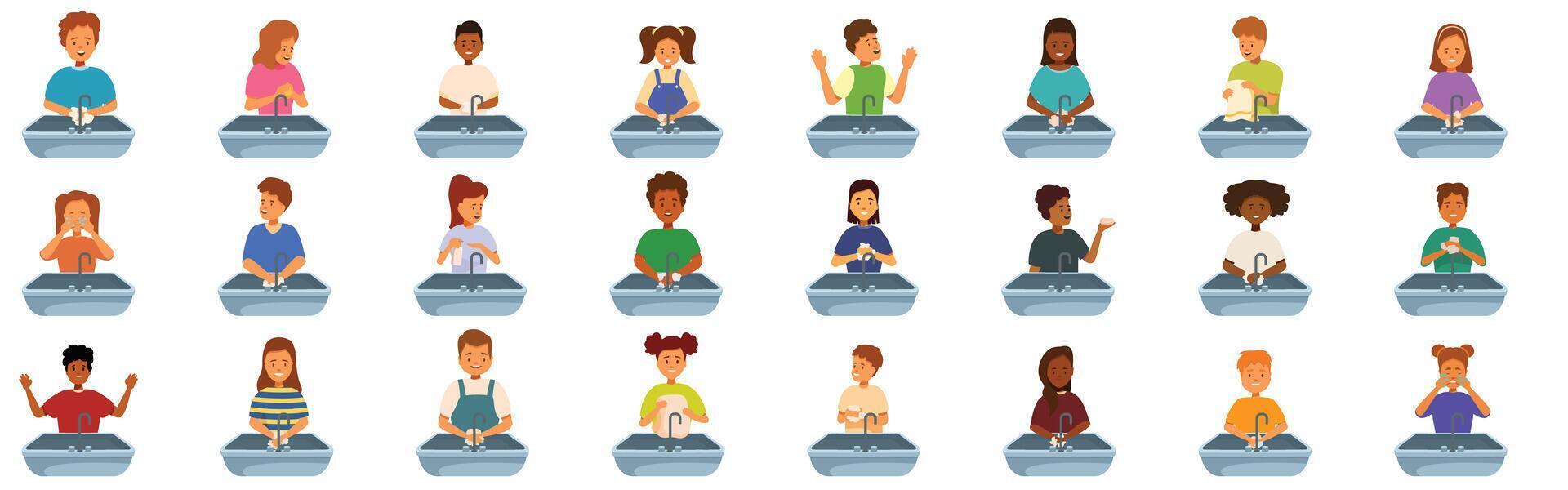 Kids washing hands icons set. Kids washing hands in sink, promoting hygiene and health vector