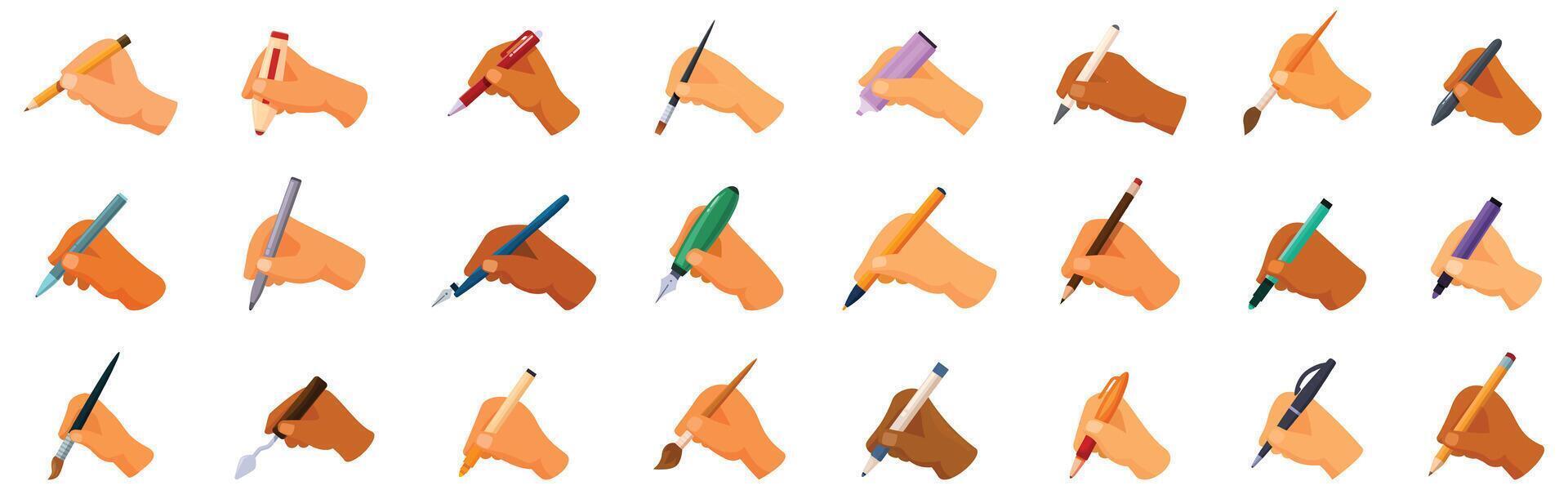 Writing tool hand icons set. Hands holding pens, pencils, brushes and markers writing and drawing vector