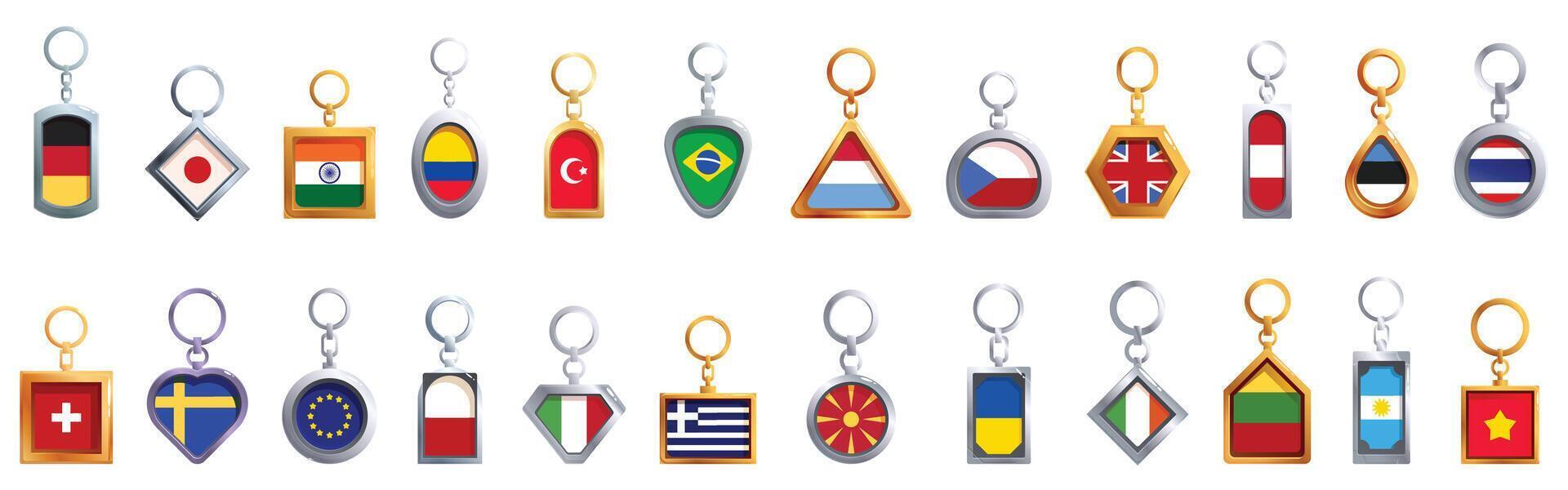 Keychain flag icons set. Keychains representing flags of different countries hanging vector