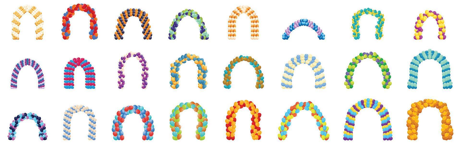 Balloon arch icons set. Colorful balloon arches creating festive atmosphere for celebrations and events vector