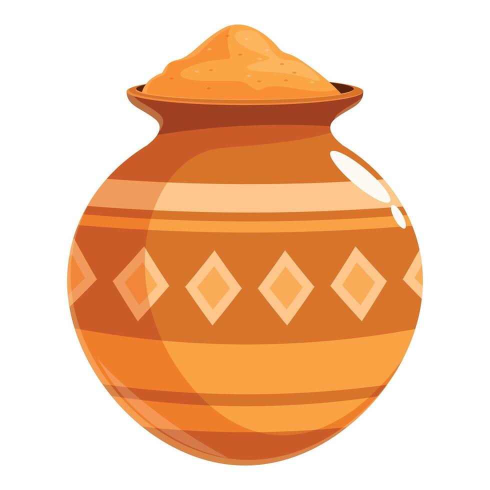 Clay pot containing turmeric powder, traditional indian spice storage vector