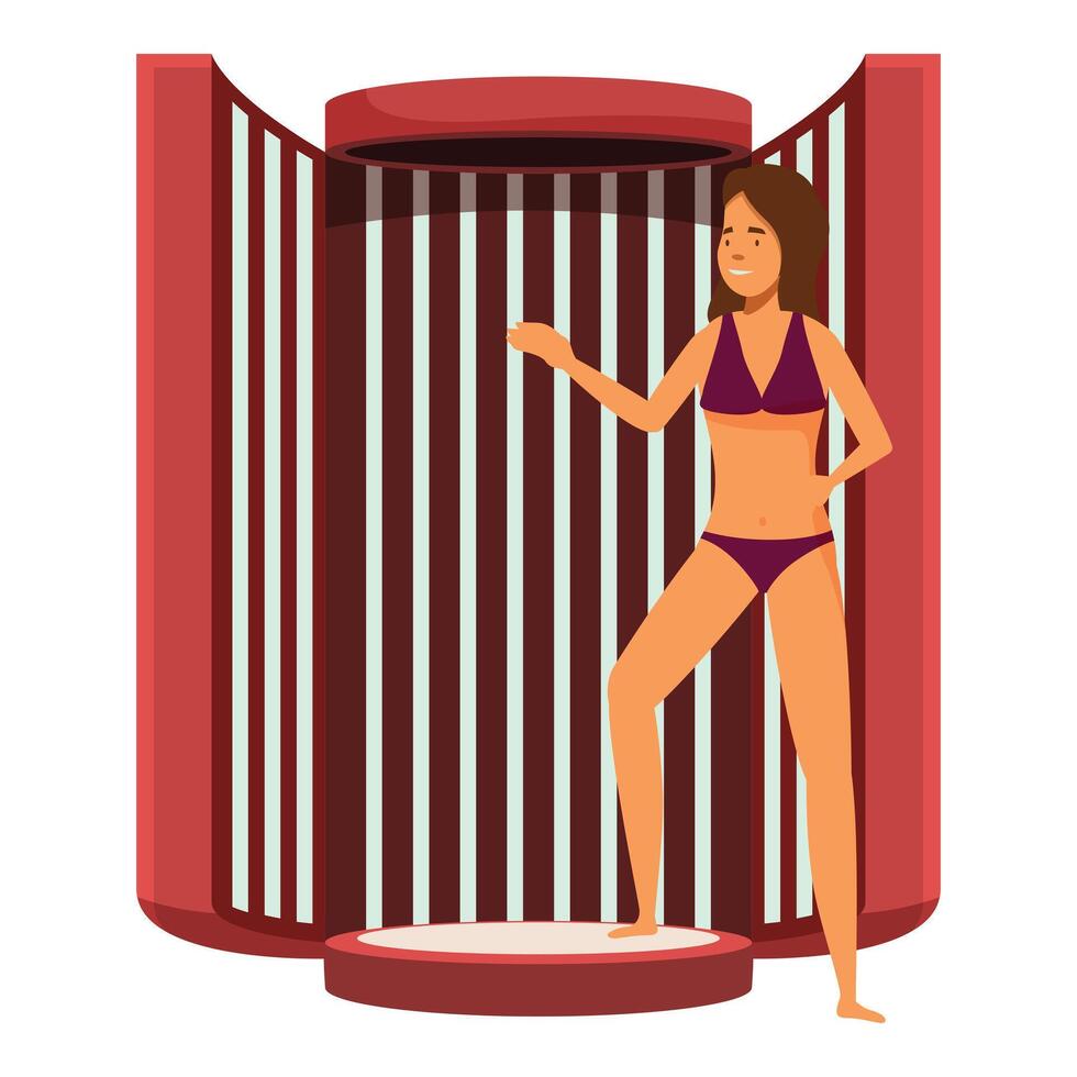 Woman showing modern vertical tanning bed presenting her tan in solarium or spa vector