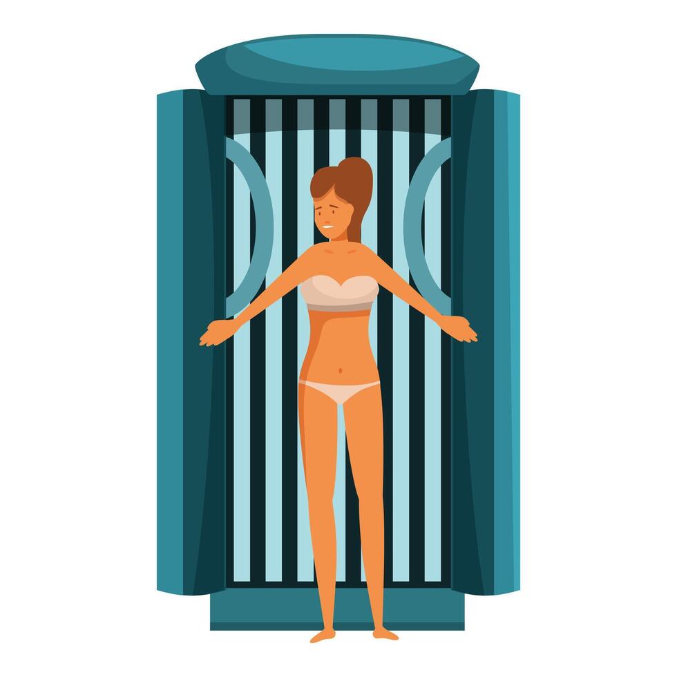 Woman tanning in a vertical solarium, beauty and relaxation vector