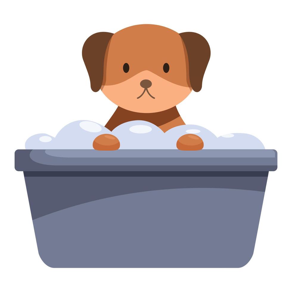 Brown puppy taking a bath in a plastic tub filled with soap suds vector