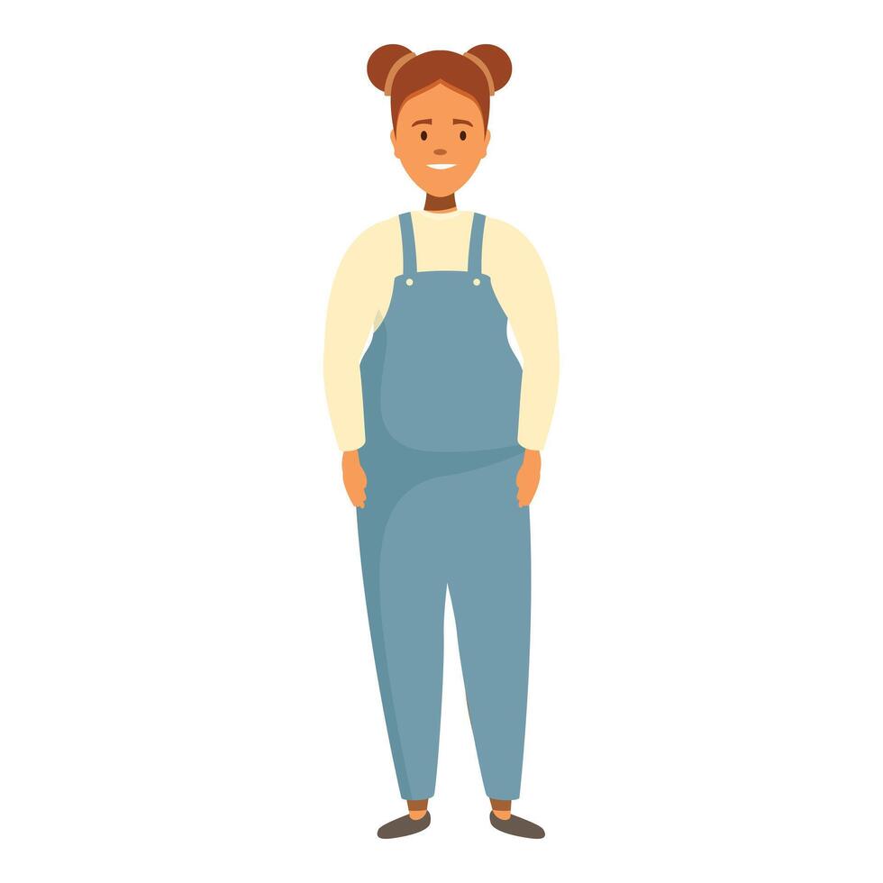 Smiling confident teen girl wearing overalls stands with hands in pockets vector