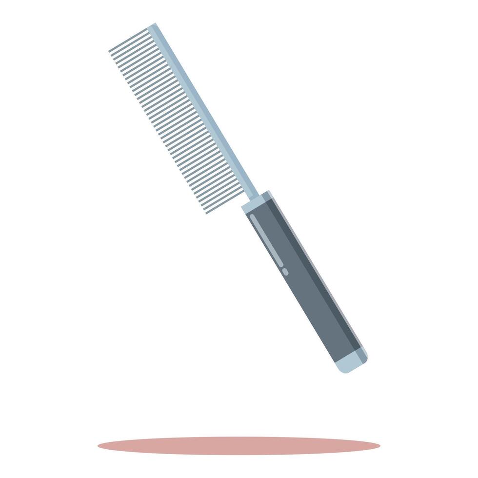 Pet comb with metal teeth for grooming lying on surface vector