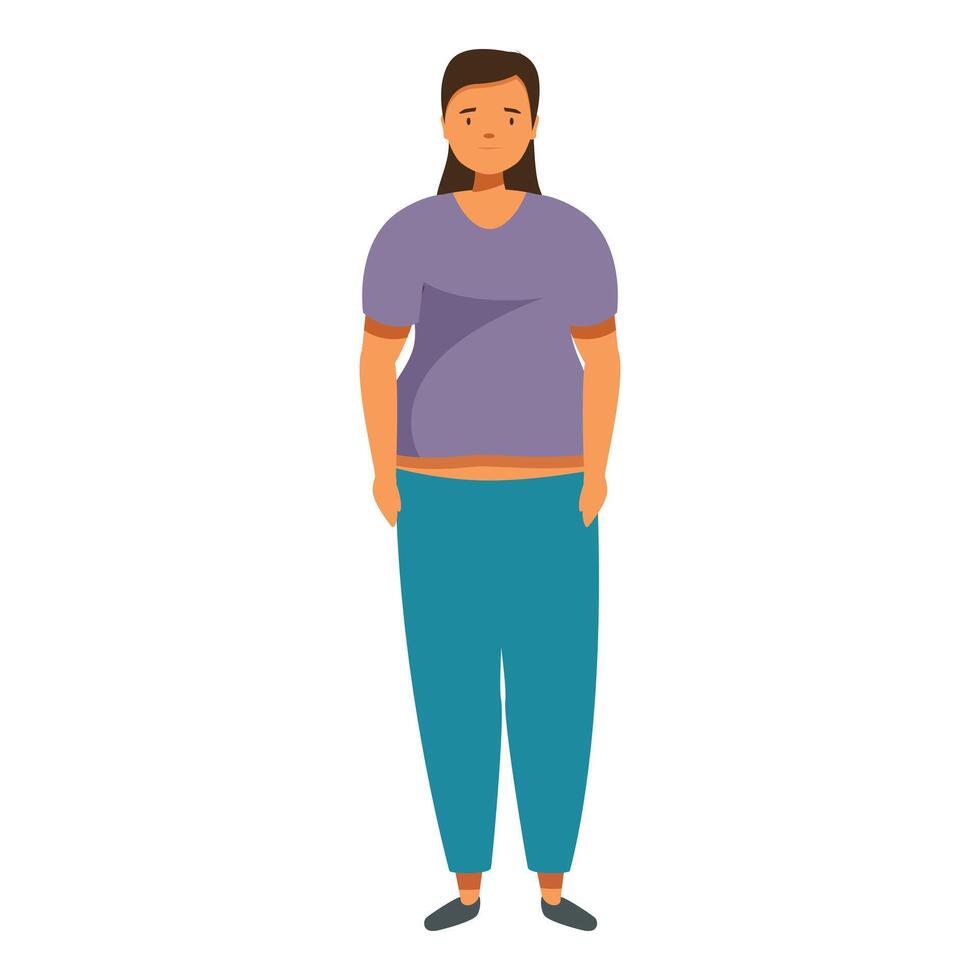 Sad overweight woman standing with hands in pockets, obesity and body image issues vector