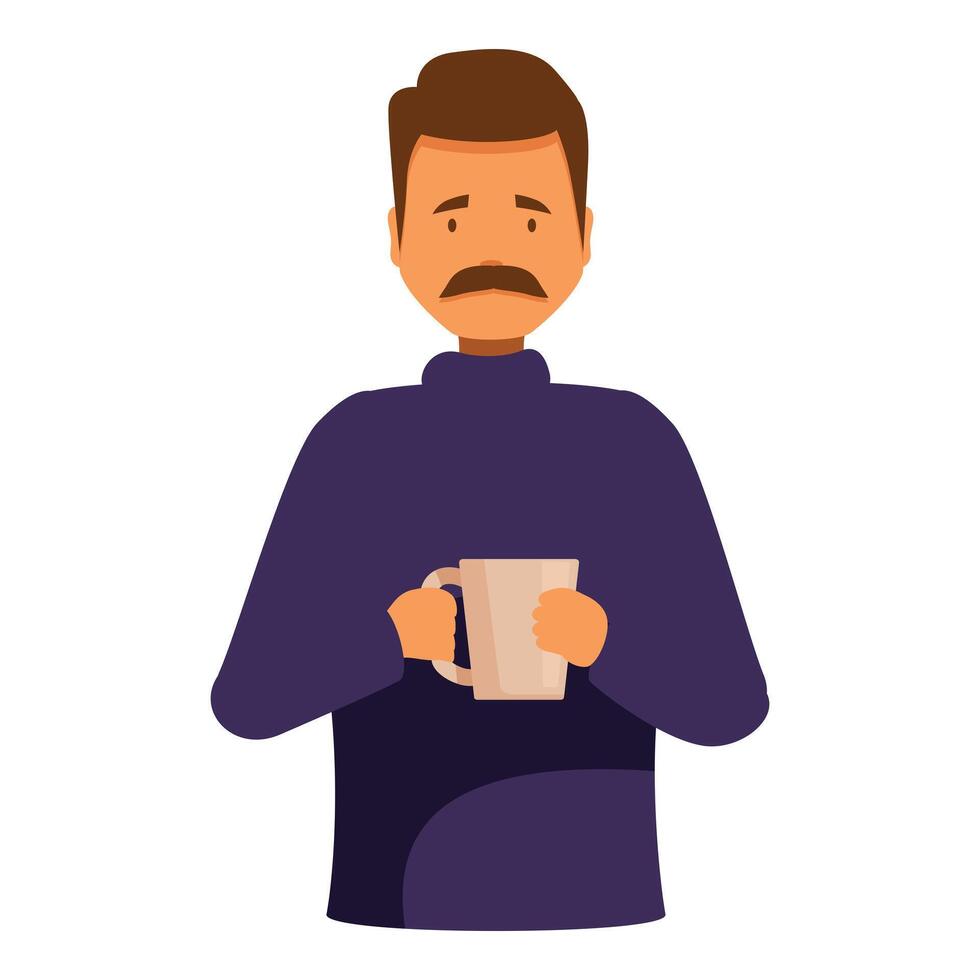 Sad man holding a mug and warming up with hot drink in winter vector