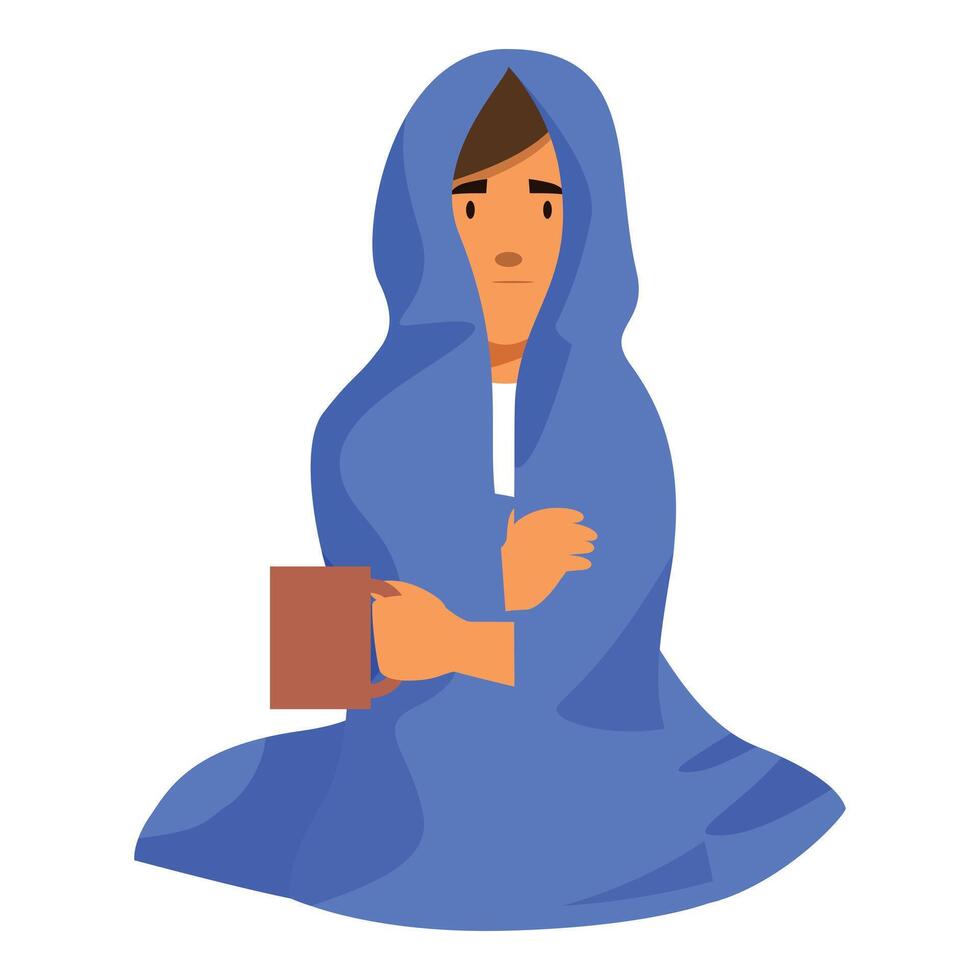 Sick person wrapped in blanket holding hot drink, suffering from cold or flu vector