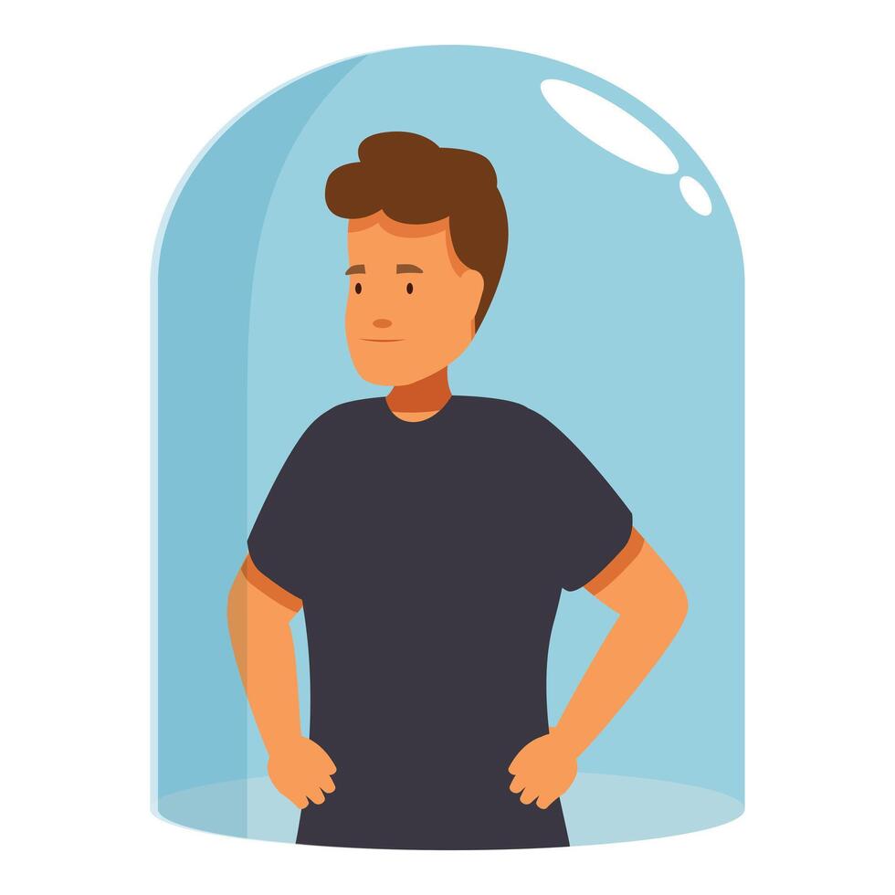 Confident young man standing inside glass dome protecting himself vector