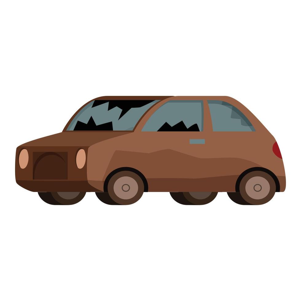 Broken down brown car with damaged windshield and windows vector