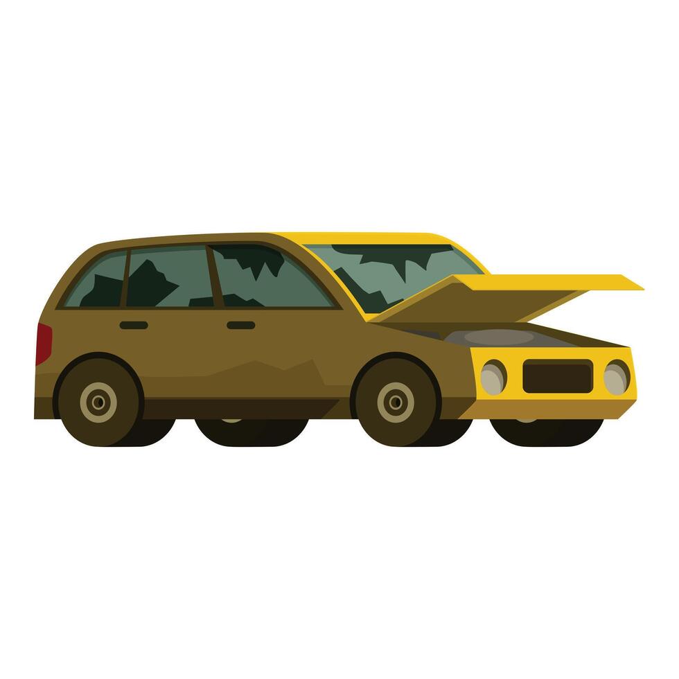 Broken yellow car with open hood and shattered windows vector