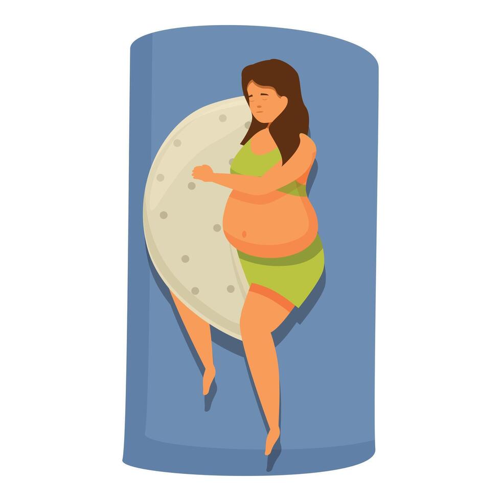 Overweight woman sleeping and hugging a giant clock, time management and healthy lifestyle concept vector