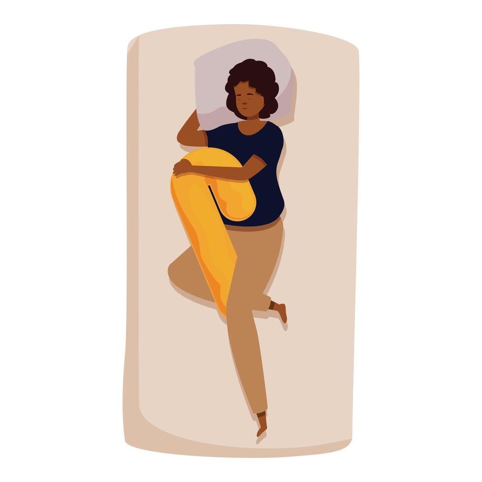 Woman sleeping and hugging long pillow on bed, resting comfortably vector