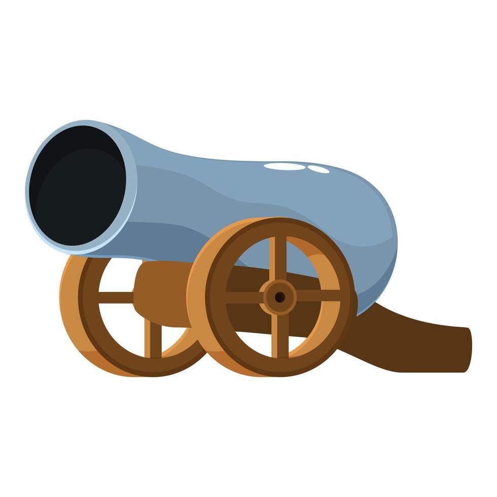 Gray metal cannon shooting on wheels firing war weapon vector