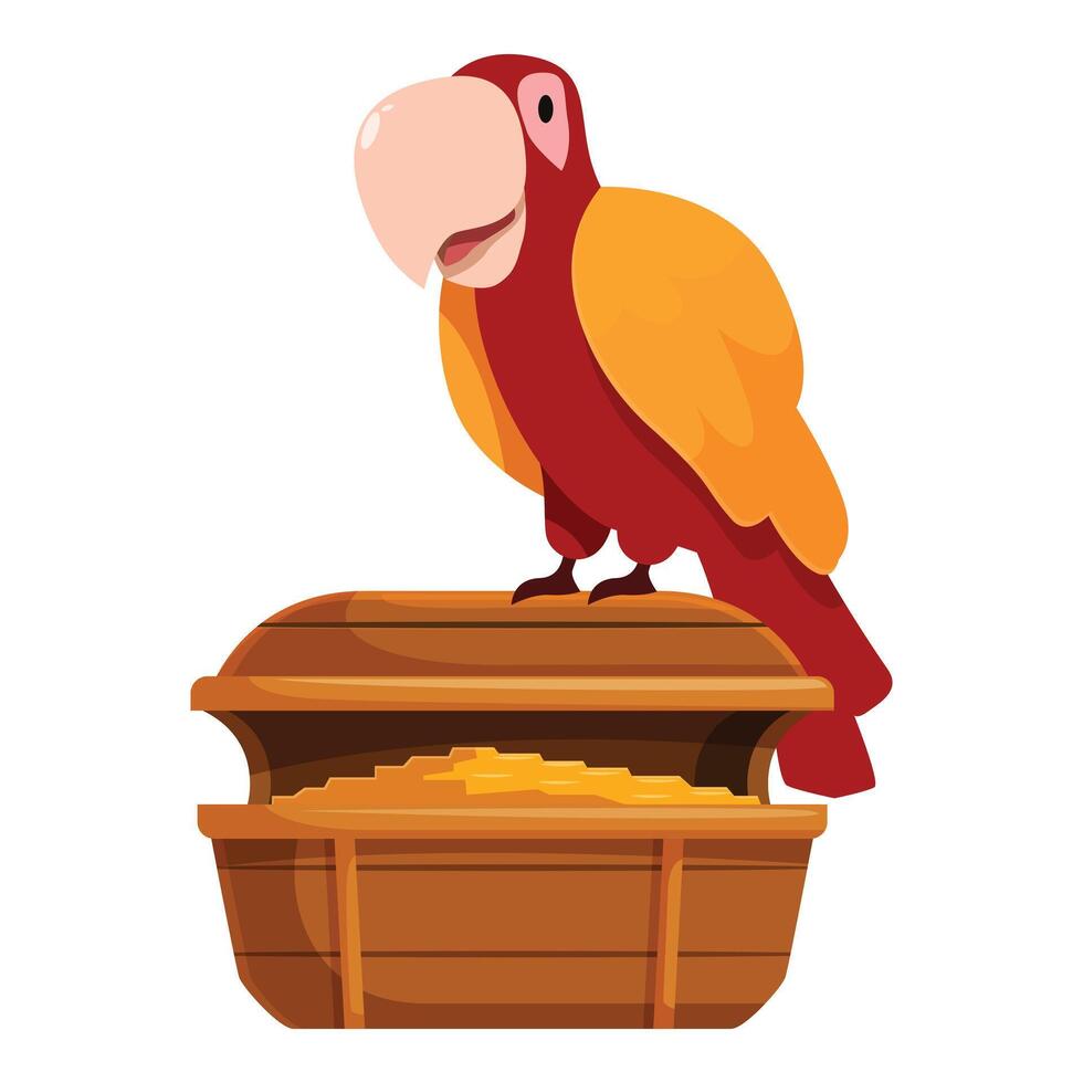 Colorful parrot guarding open treasure chest filled with gold vector