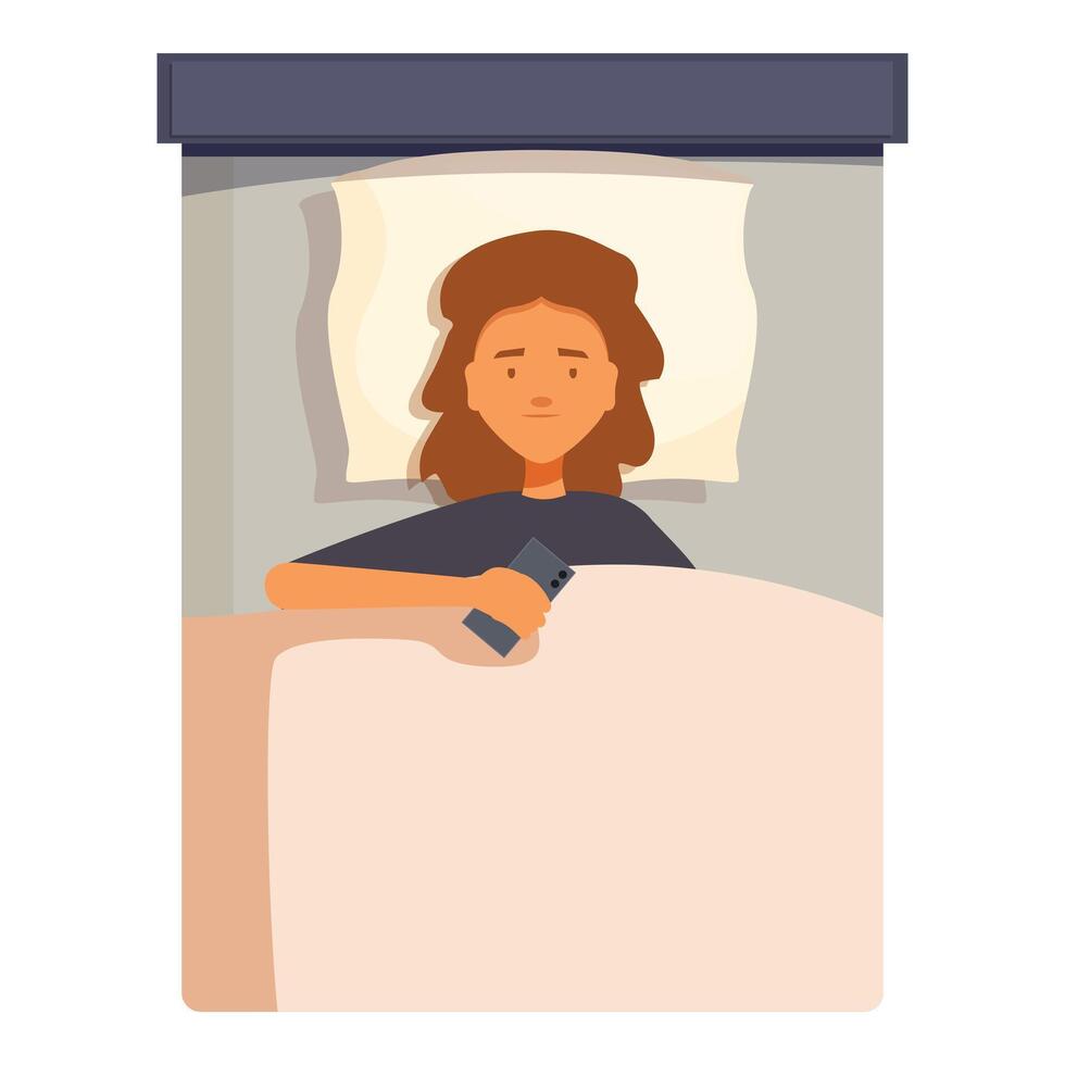 Young woman lying in bed watching tv, holding remote control vector