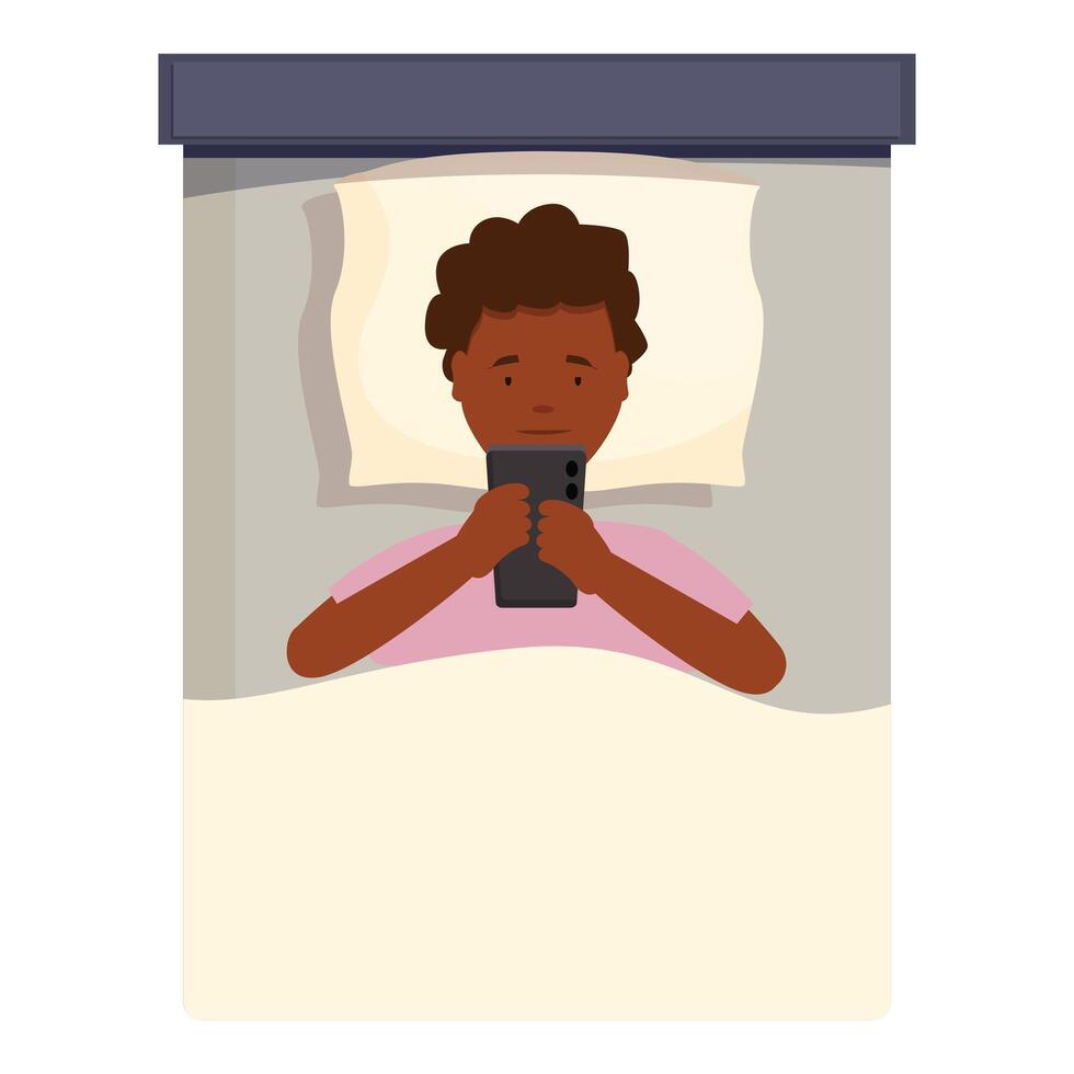 Young man lying in bed using smartphone at night vector