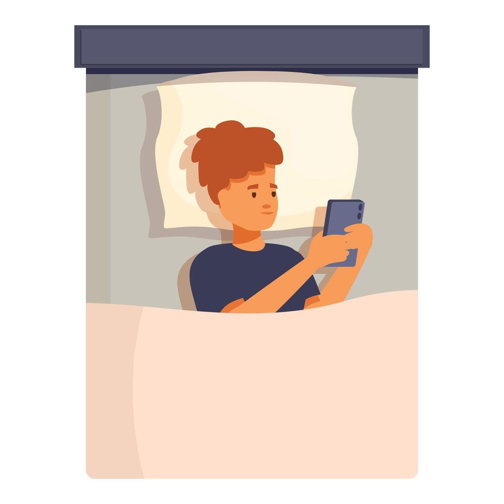 Young man lying in bed using smartphone late at night vector