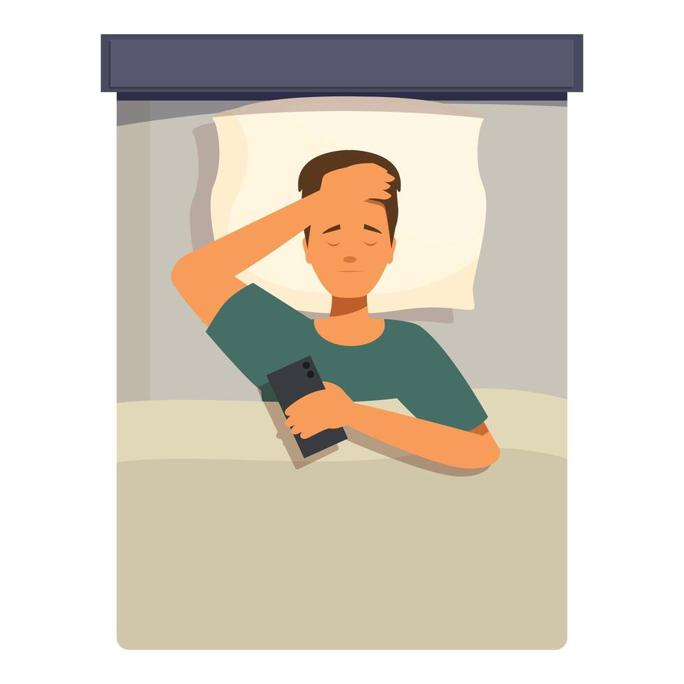 Young man suffering headache from smartphone light at night in bed vector