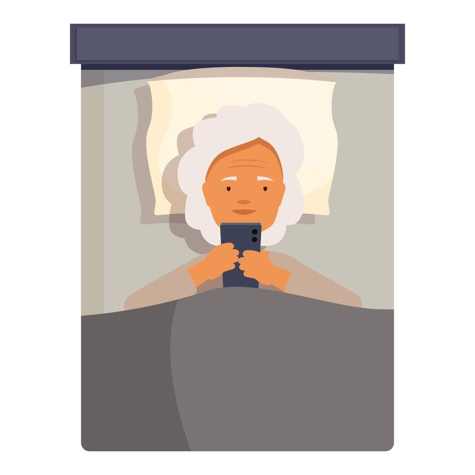 Elderly woman using smartphone in bed, exploring modern communication in retirement vector