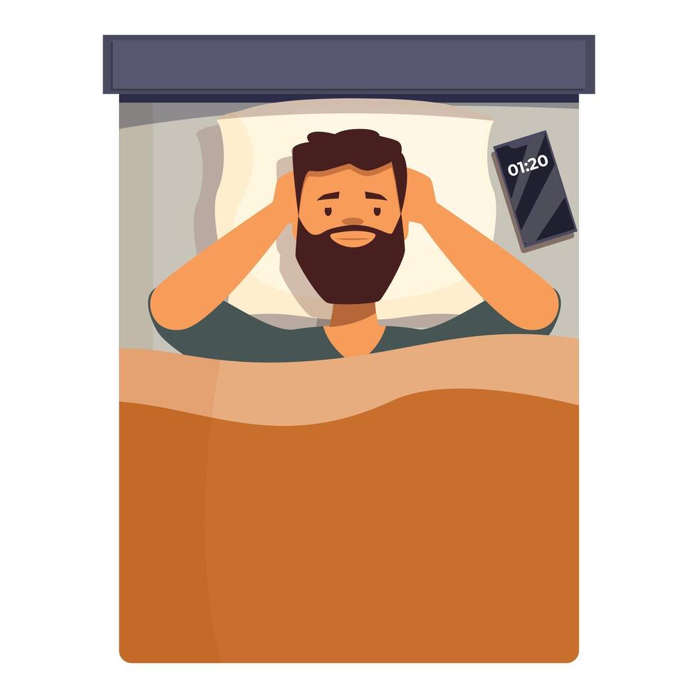 Stressed man covering ears trying to sleep in bed at night vector