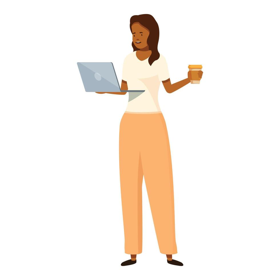 Young woman holding a laptop and a coffee, working remotely vector
