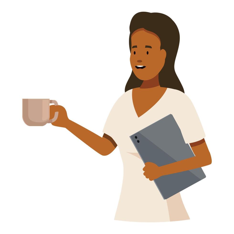 Smiling nurse holding tablet and coffee mug, ready for work vector