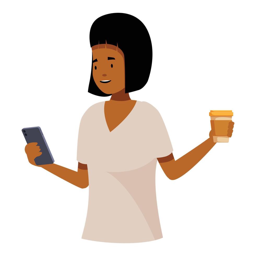 Smiling woman using mobile app and holding coffee vector