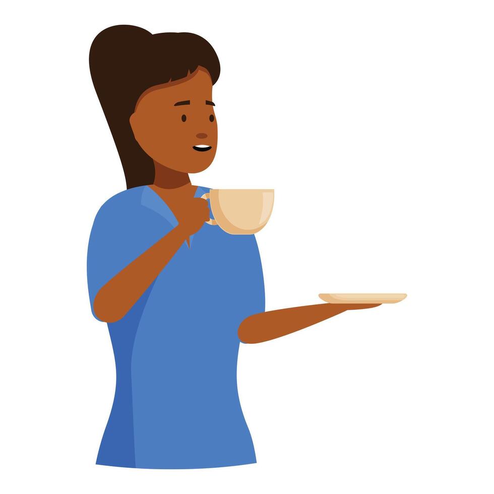 Nurse drinking coffee and holding empty plate, coffee break time vector