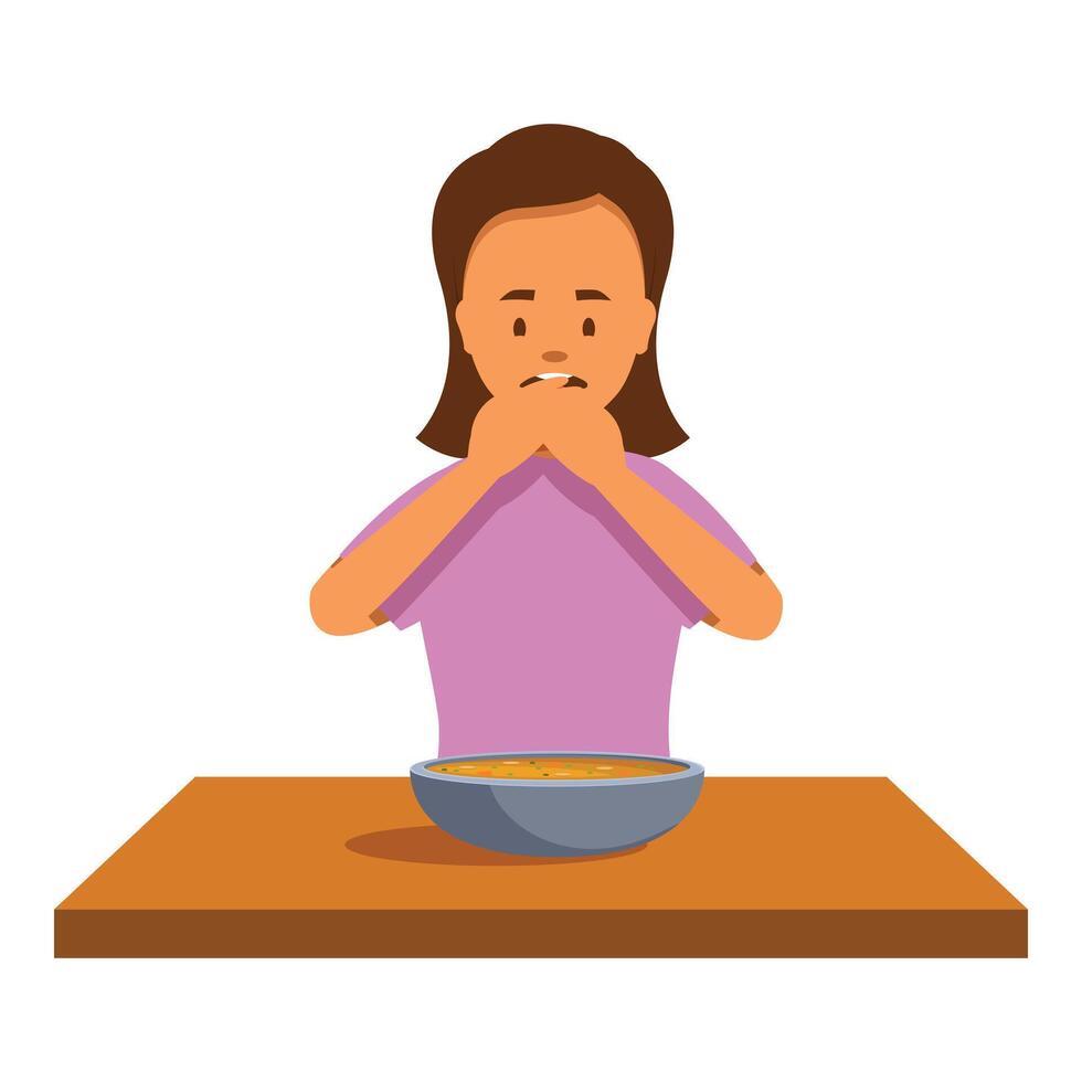 Woman covering her mouth after tasting disgusting soup vector